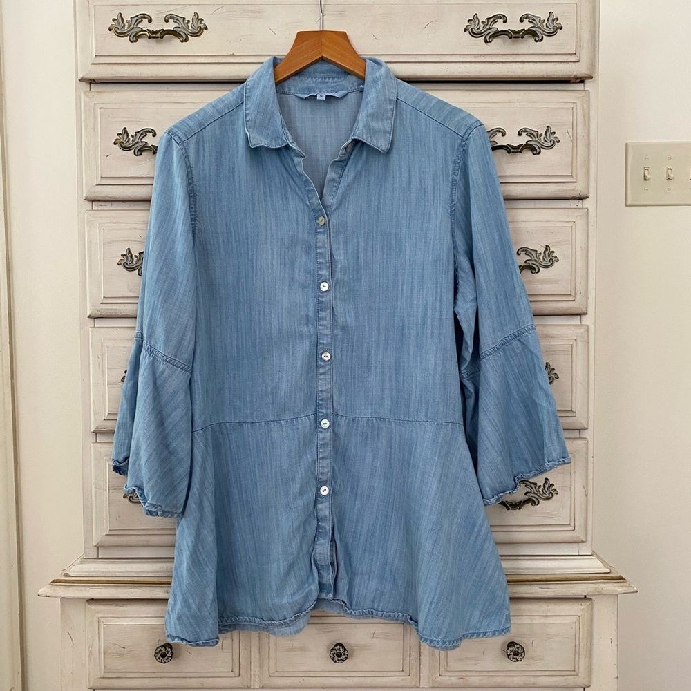 Foxcroft Light Blue Button-Front Tunic Blouse